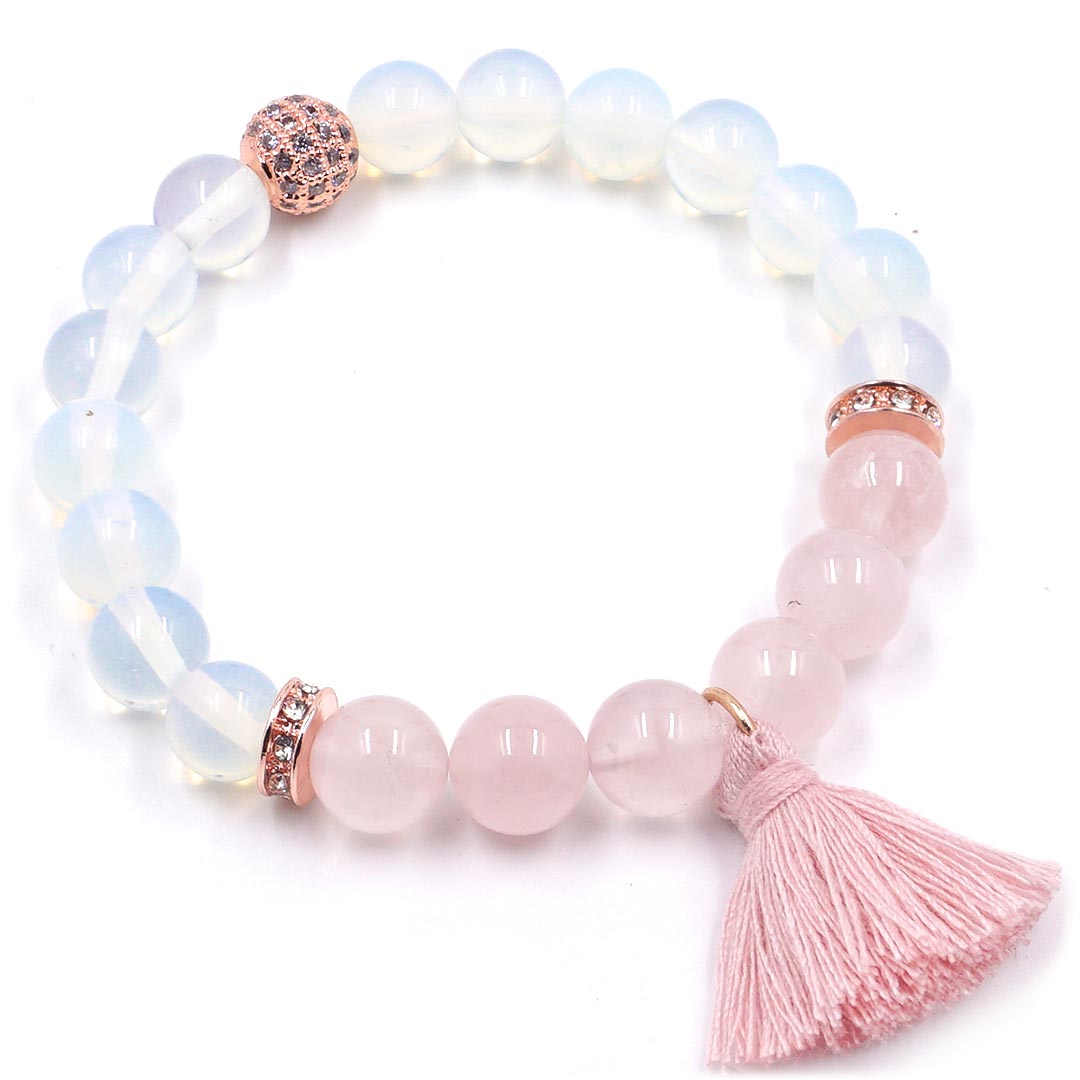 Primrose - Rózsakvarc és opalit karkötő bojttal és rosegold elemekkel