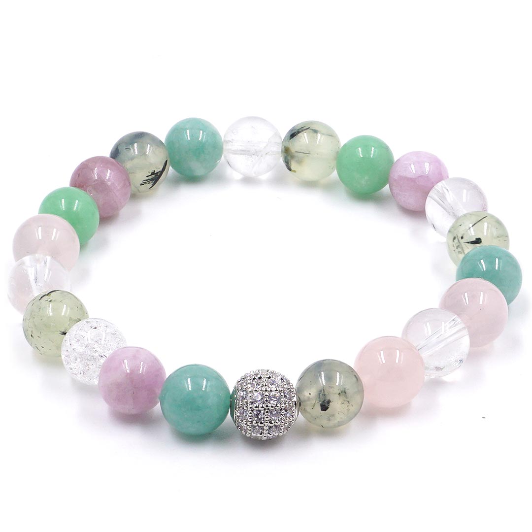 Kiss of Spring - Menta jáde, kunzit, hegyikristály, rózsakvarc és prehnit karkötő