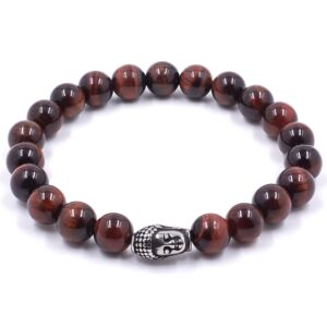 Anami - Vörös tigrisszem karkötő acél buddhafejjel