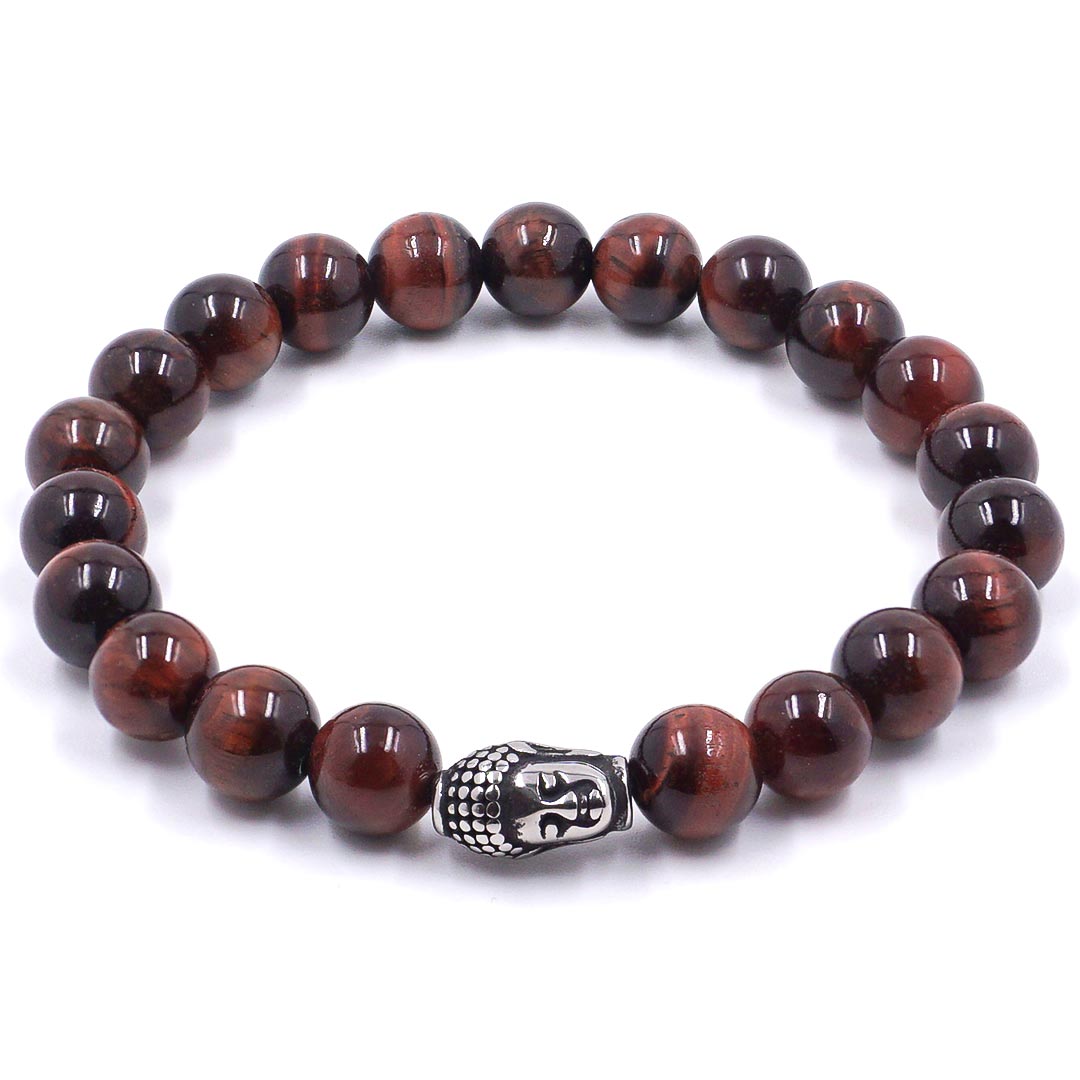 Anami - Vörös tigrisszem karkötő acél buddhafejjel