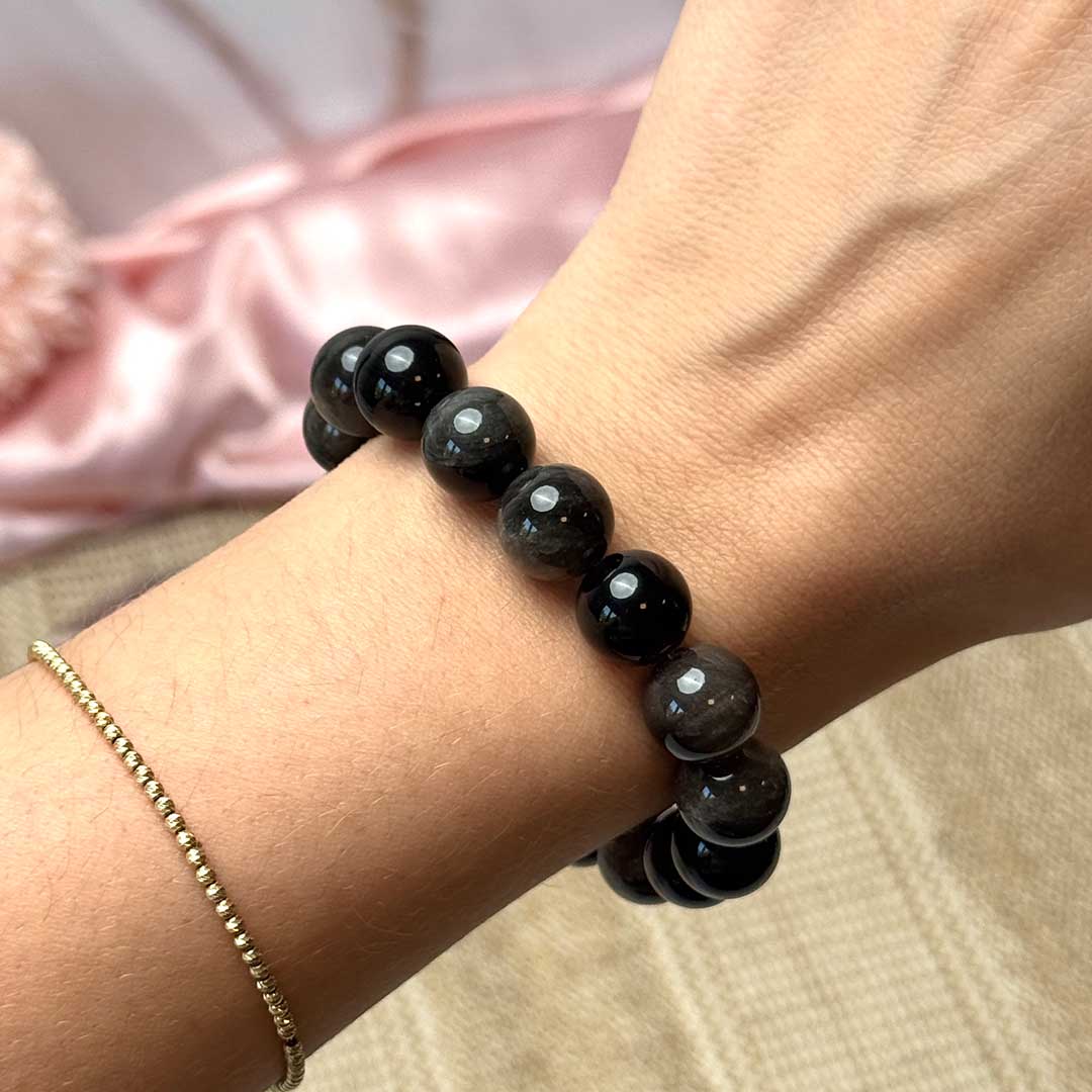 Ezüst fényű Obszidián Grande Gems 14 mm-es nagyszemű karkötő