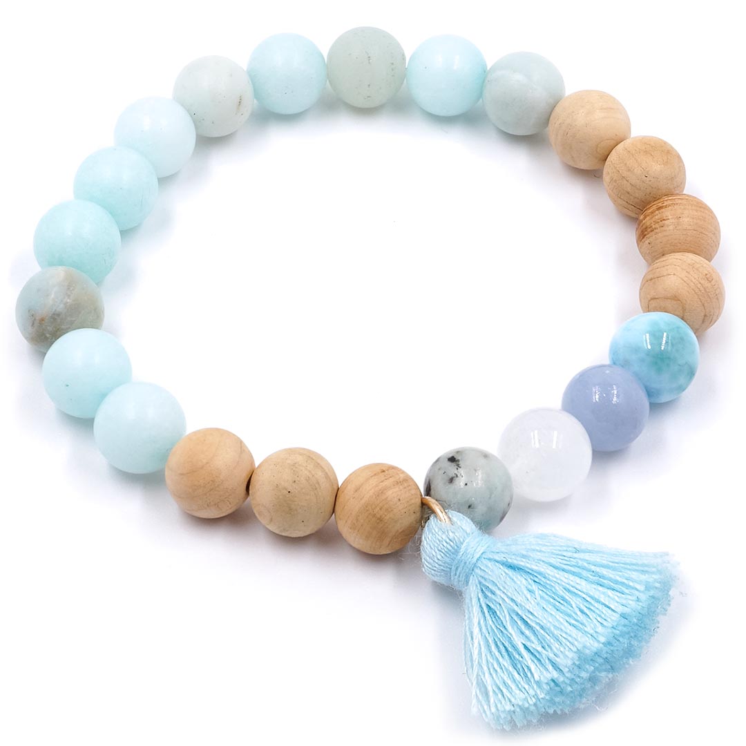 Oceane - Larimar, Angelit, Holdkő, Kiwi jáspis és Kvarcit karkötő Palo Santo fával