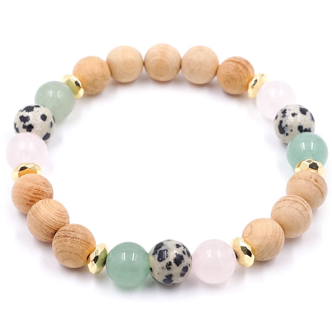 Thea - Aventurin, Dalmata jáspis, Rózsakvarc és Palo Santo karkötő