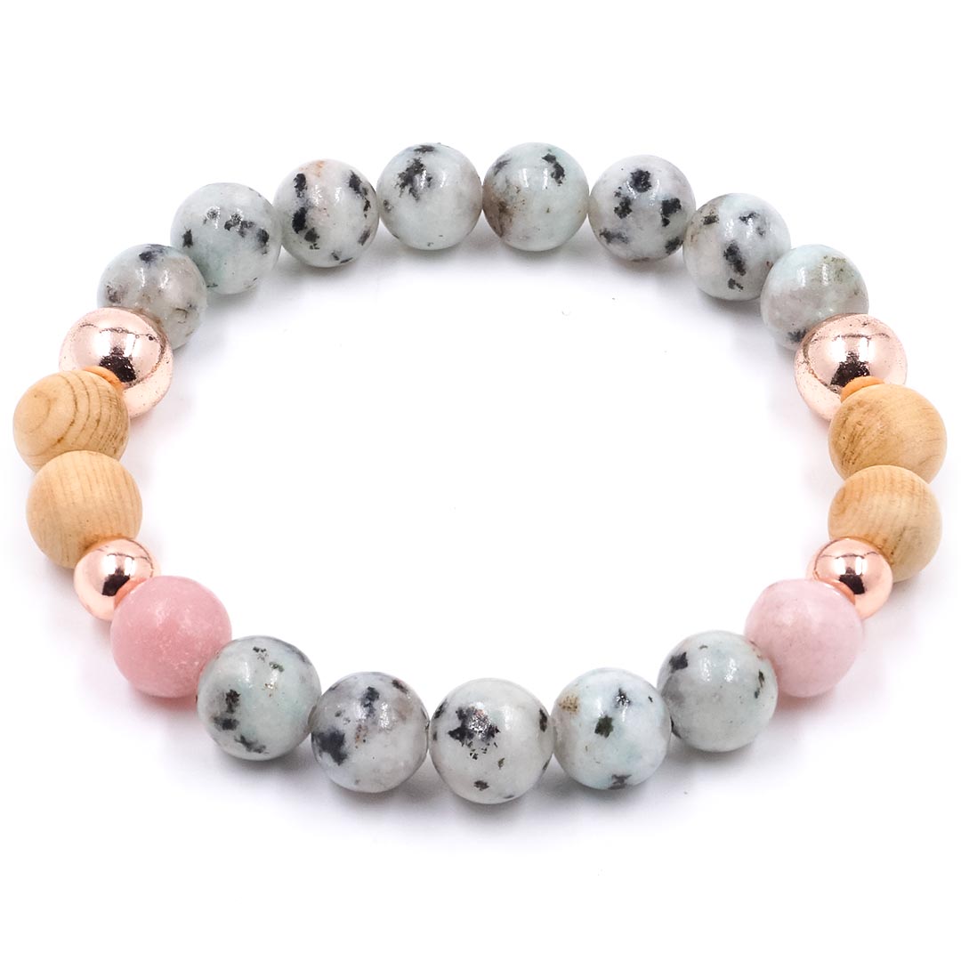 Francesca - Kiwi jáspis, Pink opál és Palo Santo karkötő