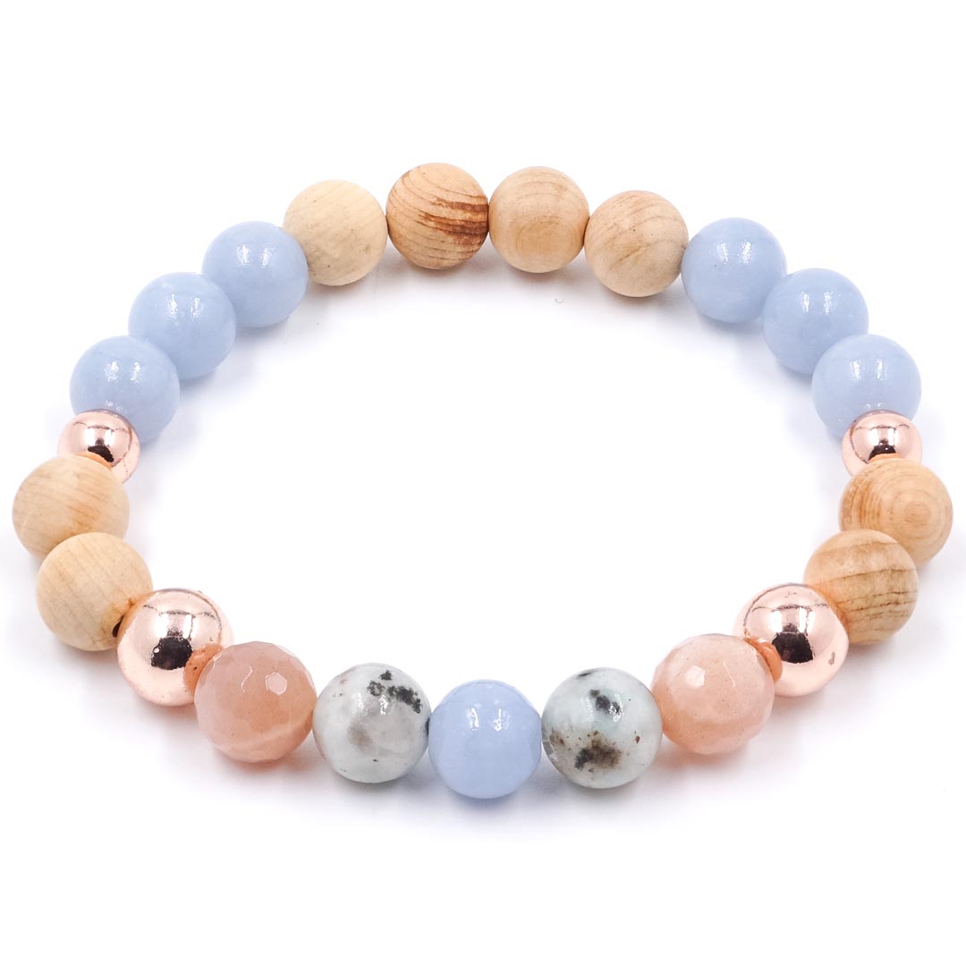 Marisol - Angelit, Kiwi jáspis, Holdkő és Palo Santo karkötő