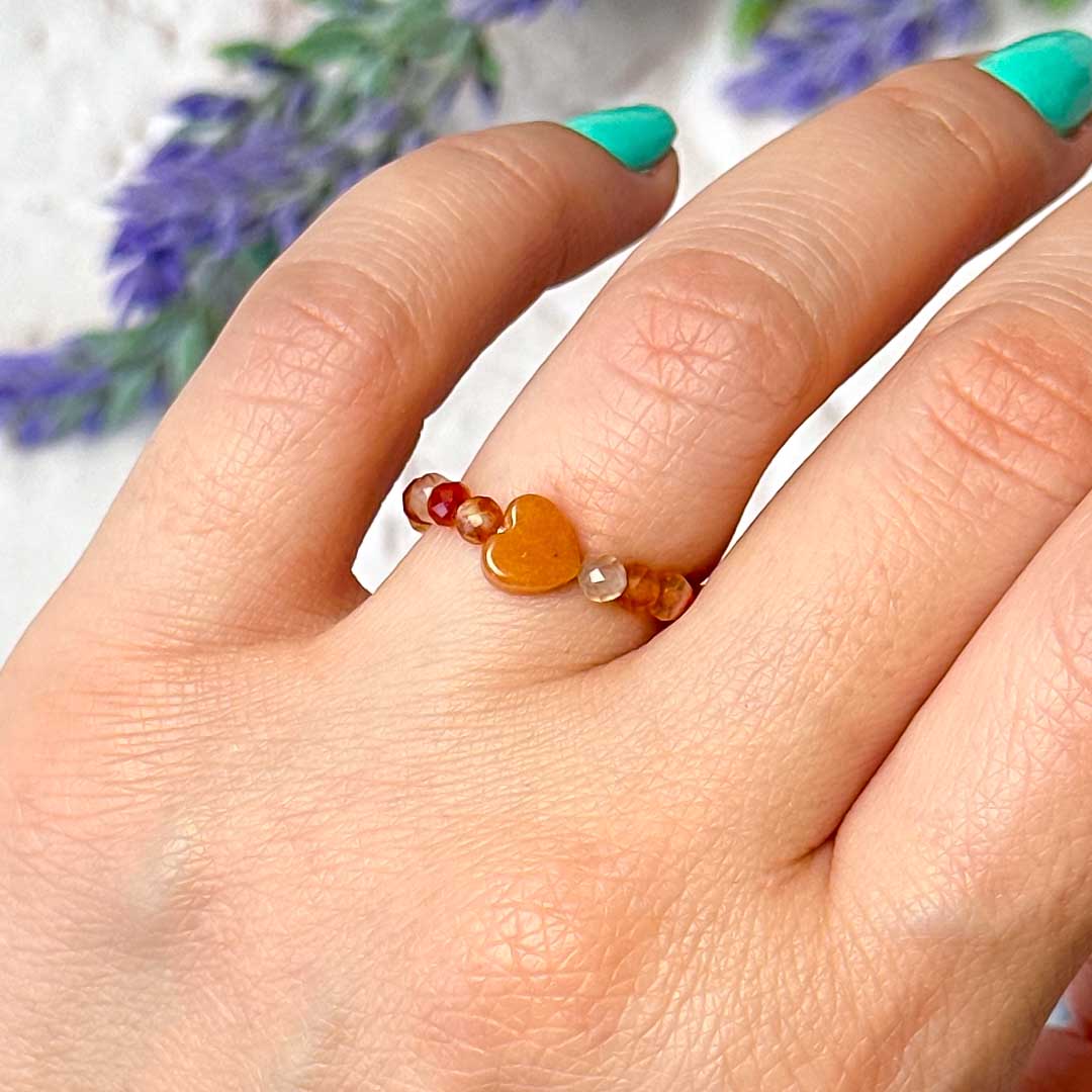 Karneol ásvány gyűrű Narancs Aventurin szívvel