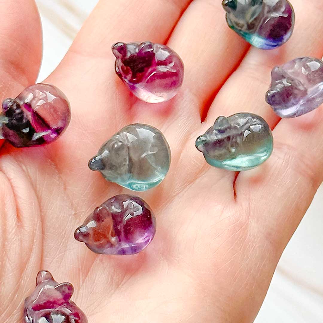 Összegömbölyödött cica Fluorit ásvány faragvány - Image 3