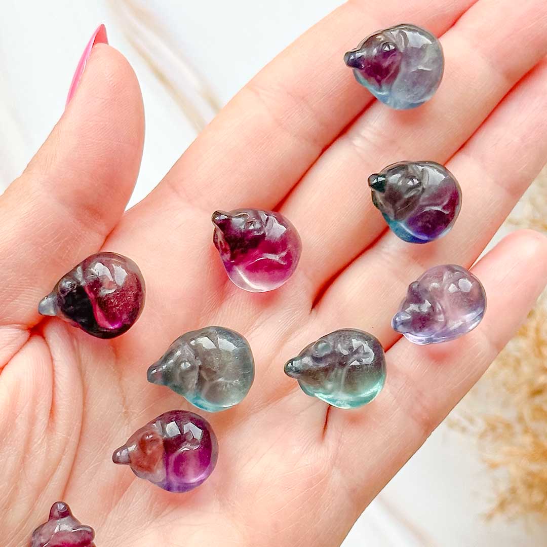 Összegömbölyödött cica Fluorit ásvány faragvány