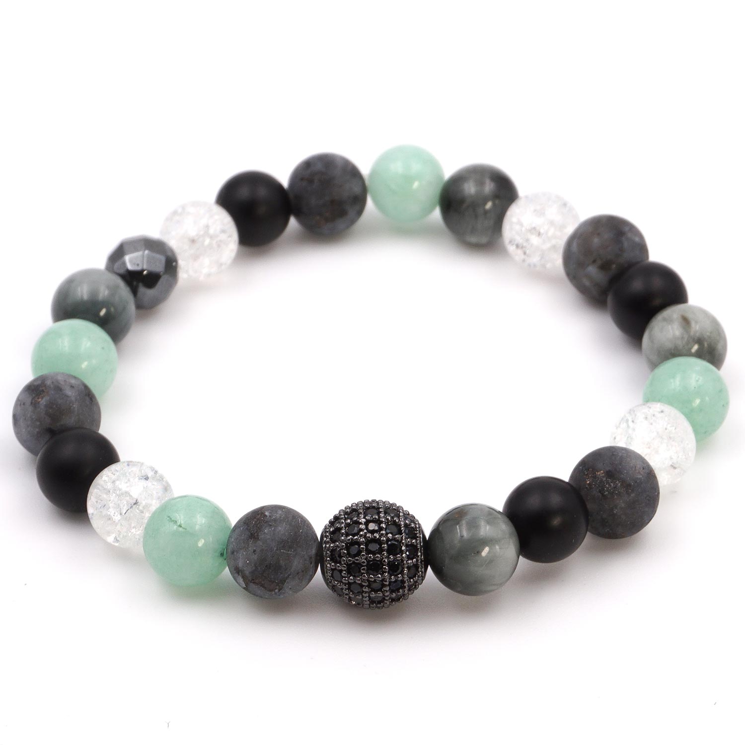 Menth - Spektrolit, menta jáde, ónix és sólyomszem karkötő, fekete cirkónia dísszel
