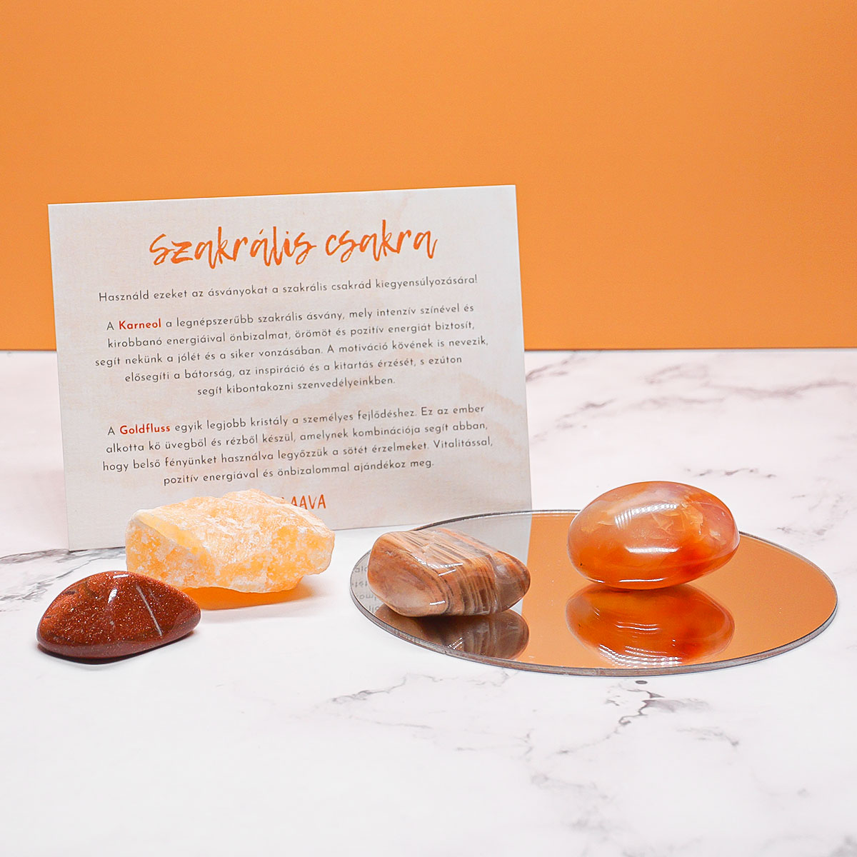 Szakrális csakra szett holdkővel, karneollal, narancs kalcittal és goldflussal - Image 2