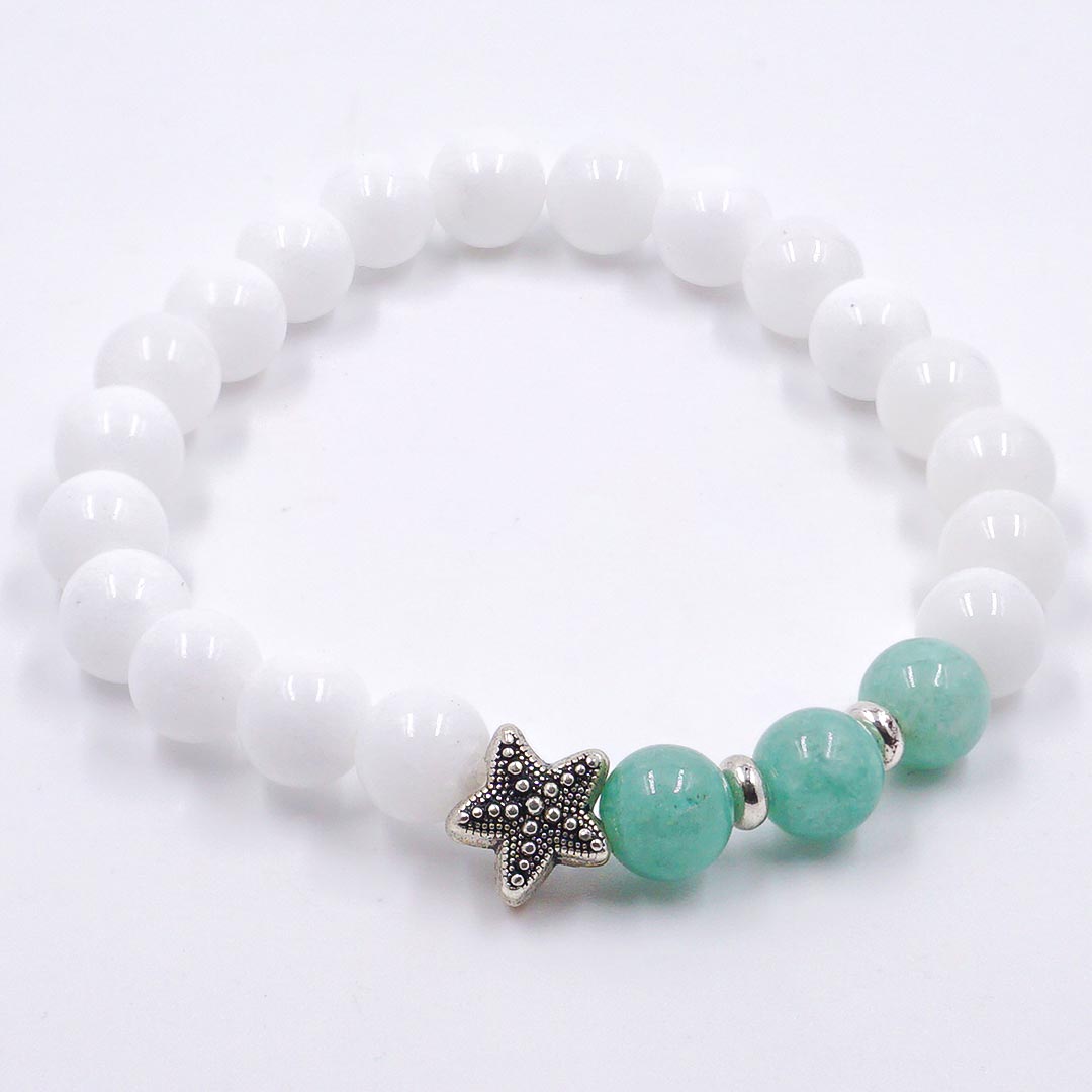Water Drop - Fehér és menta jáde karkötő tengeri csillaggal