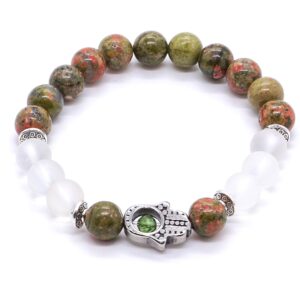 Mossy Amulet - Unakit, Hegyikristály és Peridot karkötő