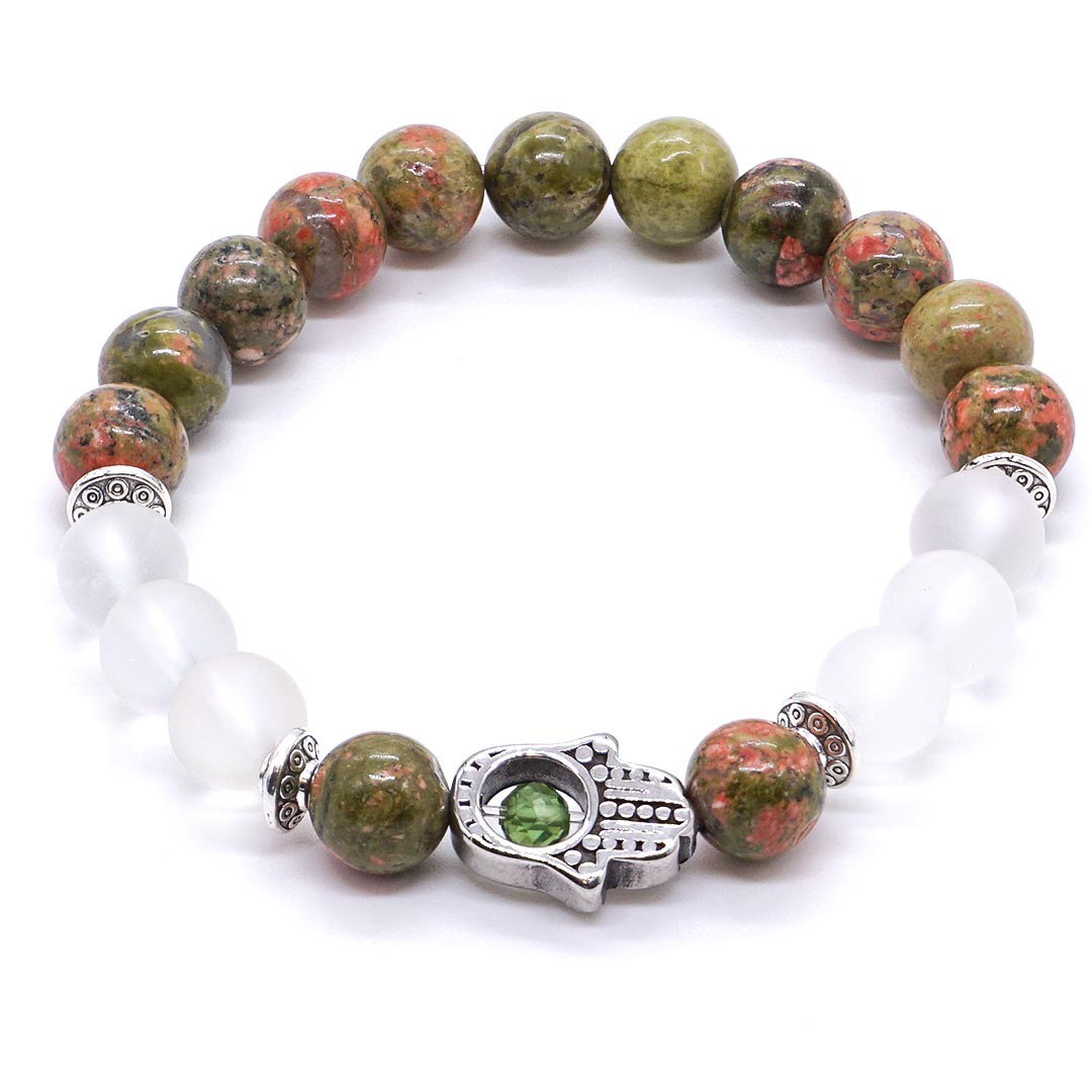 Mossy Amulet - Unakit, Hegyikristály és Peridot karkötő