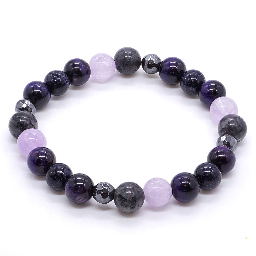 Midnight Aura - Levendula ametiszt, Spektrolit, Tigrisszem és Blaufluss karkötő