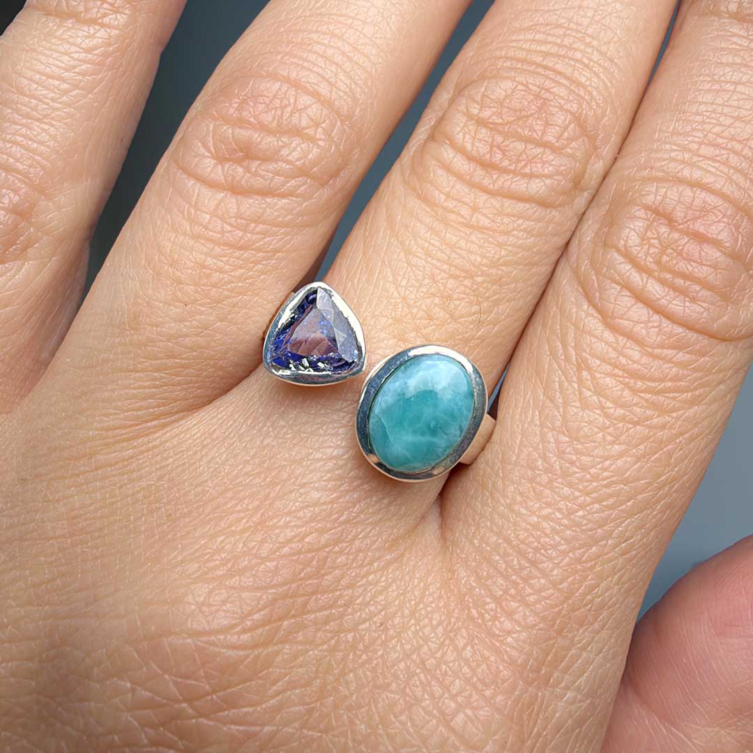 Larimar és Tanzanit drágaköves ezüst gyűrű - Gyűrűk - termékfotó 2