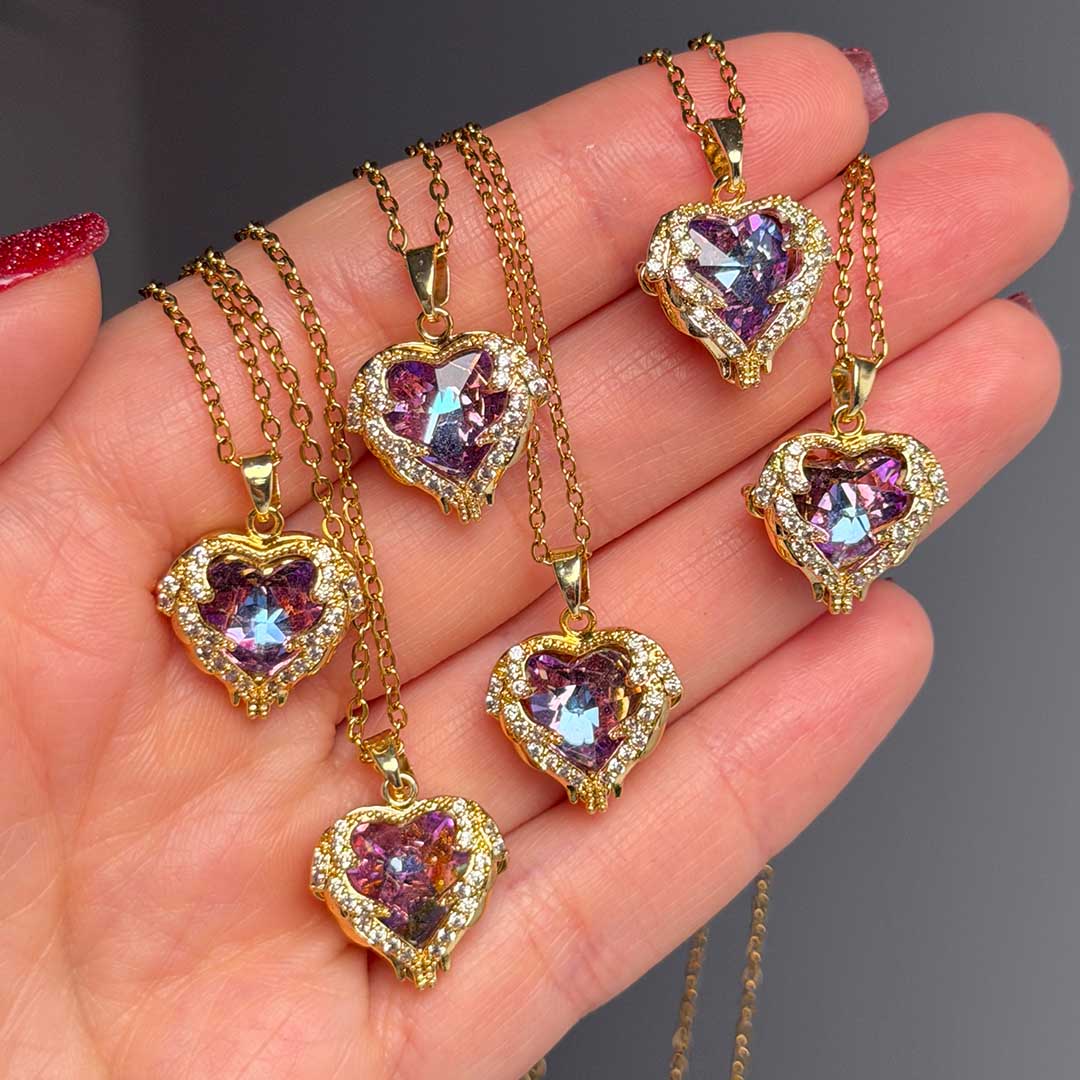 Angyalszárnyas üveg-szív Aranyozott medál, rozsdamentes acél lánccal!