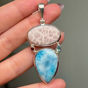 Larimar, Thomsonit, Gránát és Topáz ezüst dizájner medál - Gránát, Larimár, Thomsonit, Topáz - Nyakláncok