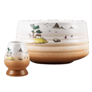 Japán tájkép kerámia matcha tál és chasen tartó