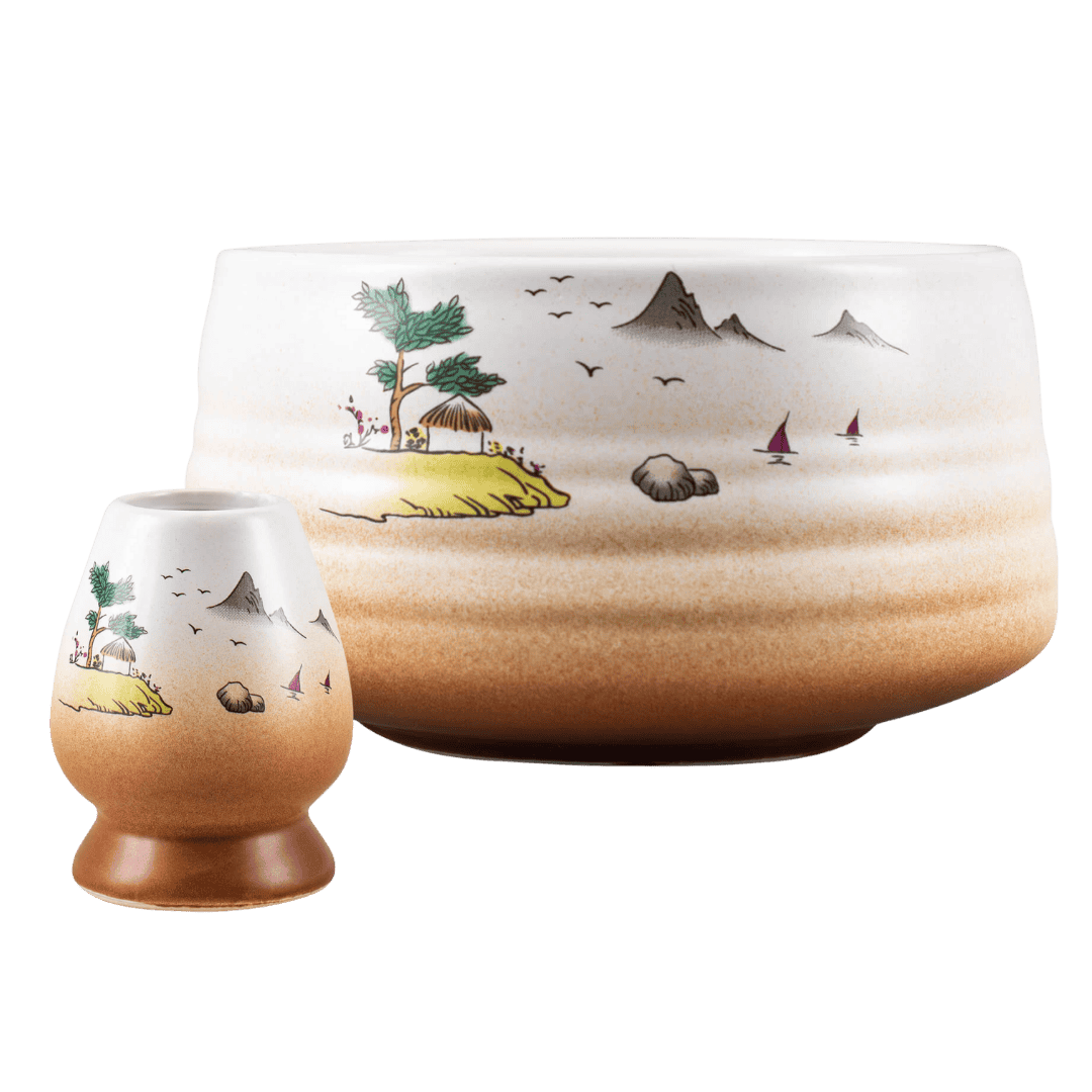 Japán tájkép kerámia matcha tál és chasen tartó