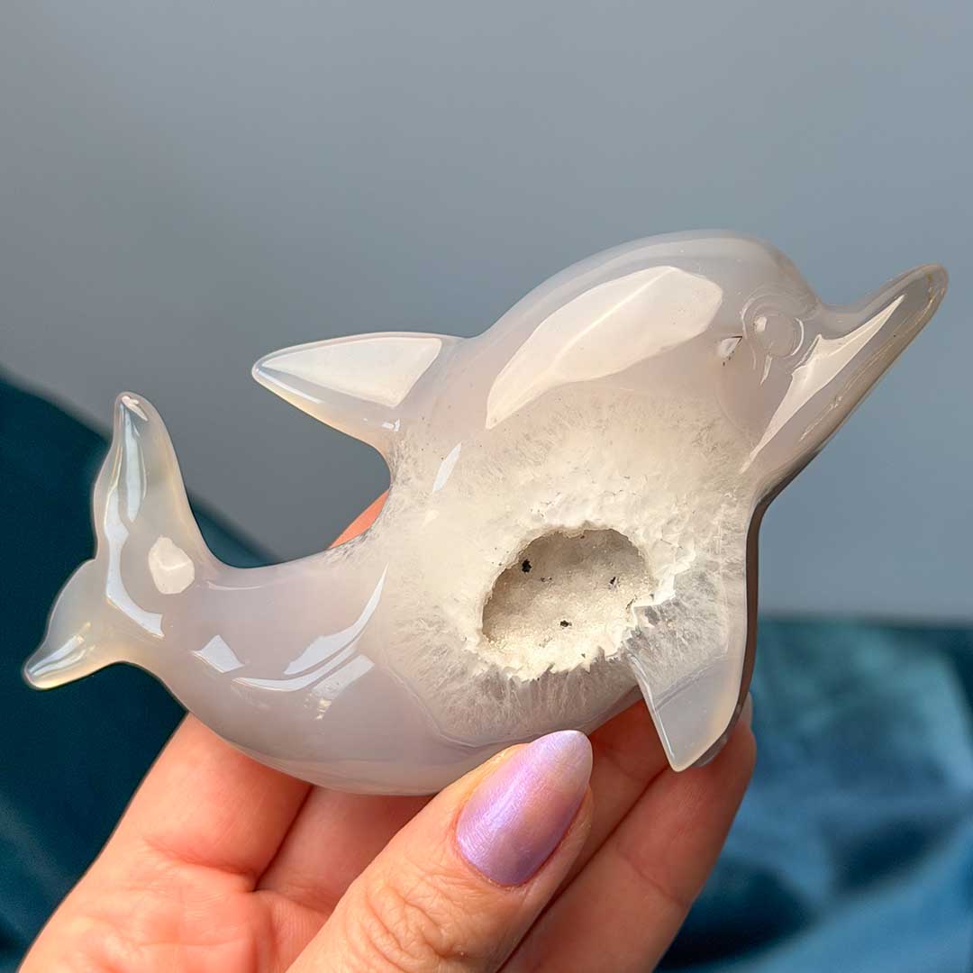 Szürke Geódás Achátból faragott Delfin csiszolat - extra! - Image 3