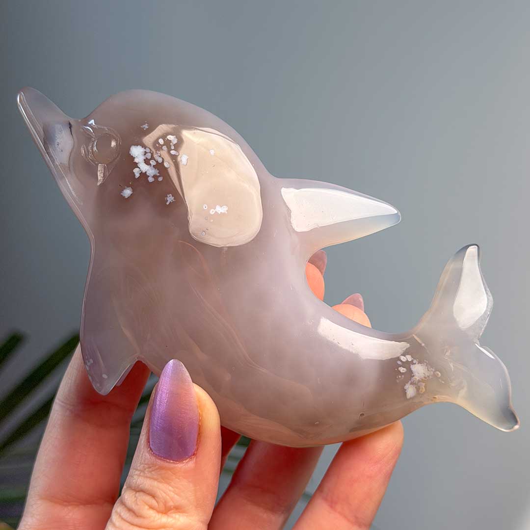 Szürke Geódás Achátból faragott Delfin csiszolat - extra! - Image 4